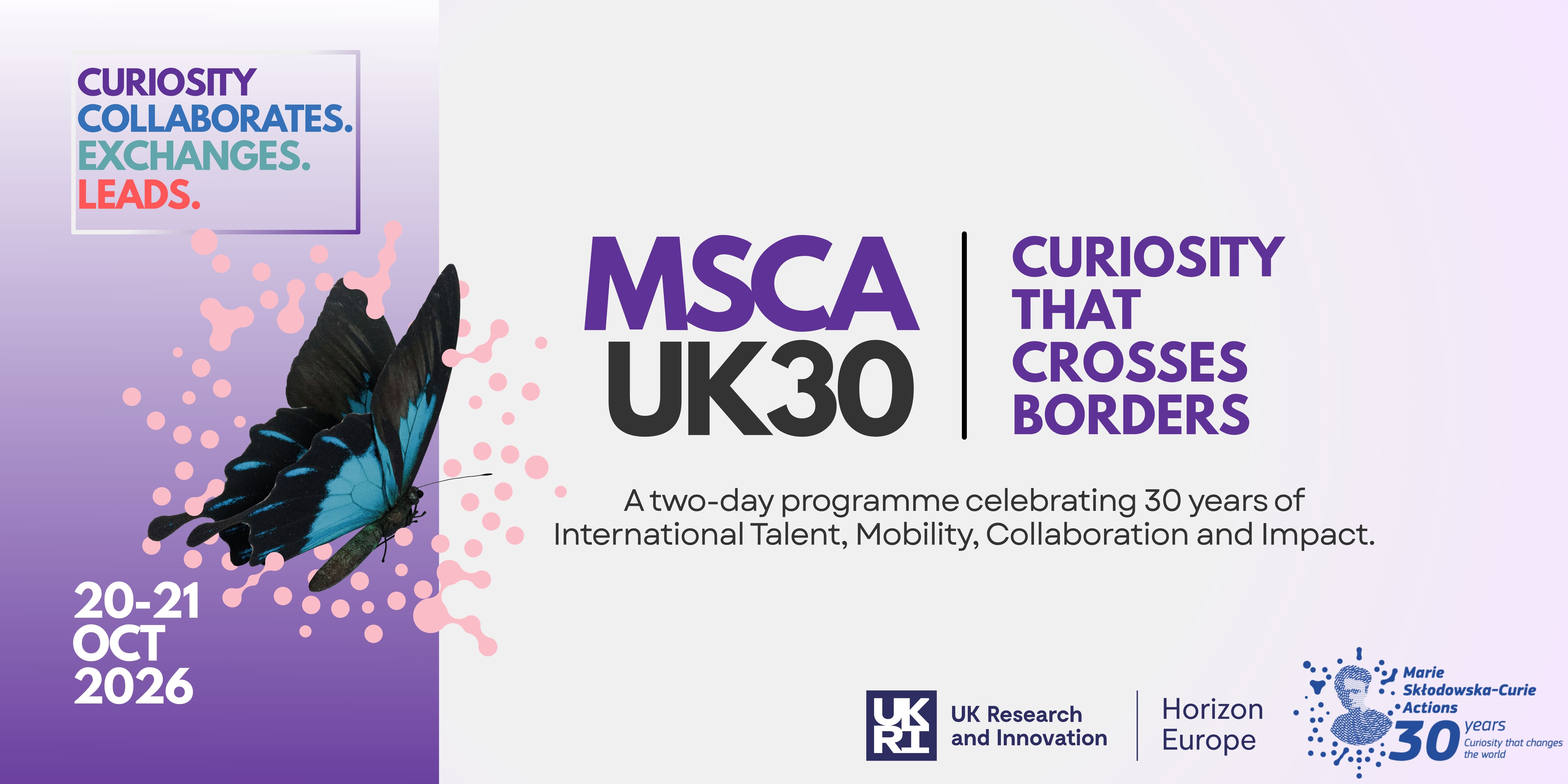 UKRI Horizon Europe, MSCA UK30, Blue butterfly with pink abstract circle dots.